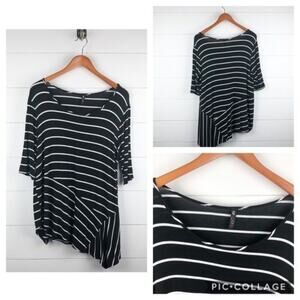 Vision Women's Striped 1/4 Sleeve Popover Roundneck Asymmetric Tunic Top Size L